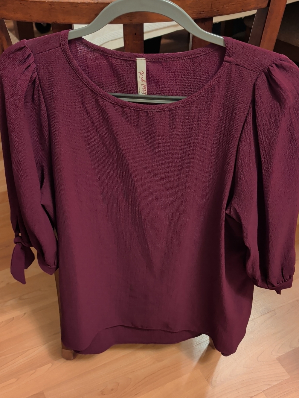 Burgundy Women's Blouse By Red Lolly Cute Tie 3/4 Puff Sleeves
